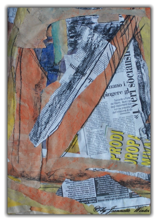 40x50 / 2005 / Collage und Kreide / auf Jute, gerahmt, hinter Glas