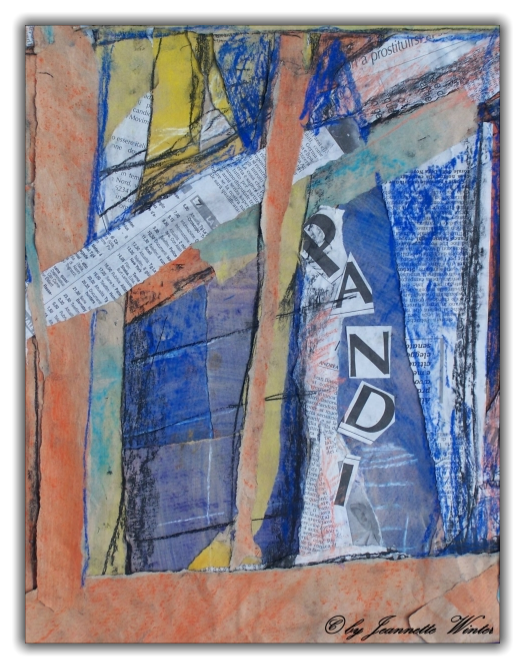 40x50 / 2005 / Collage und Kreide / auf Jute, gerahmt, hinter Glas